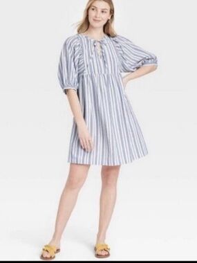 Striped Babydoll Blue and White Balloon sleeve Empire waist Milkmaid Dress